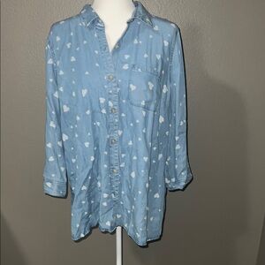 Light Blue Heart Print Button-Up Shirt